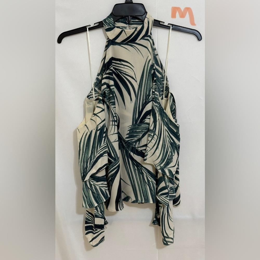 Green and Cream Asymmetrical cold shoulder Sleeves Top